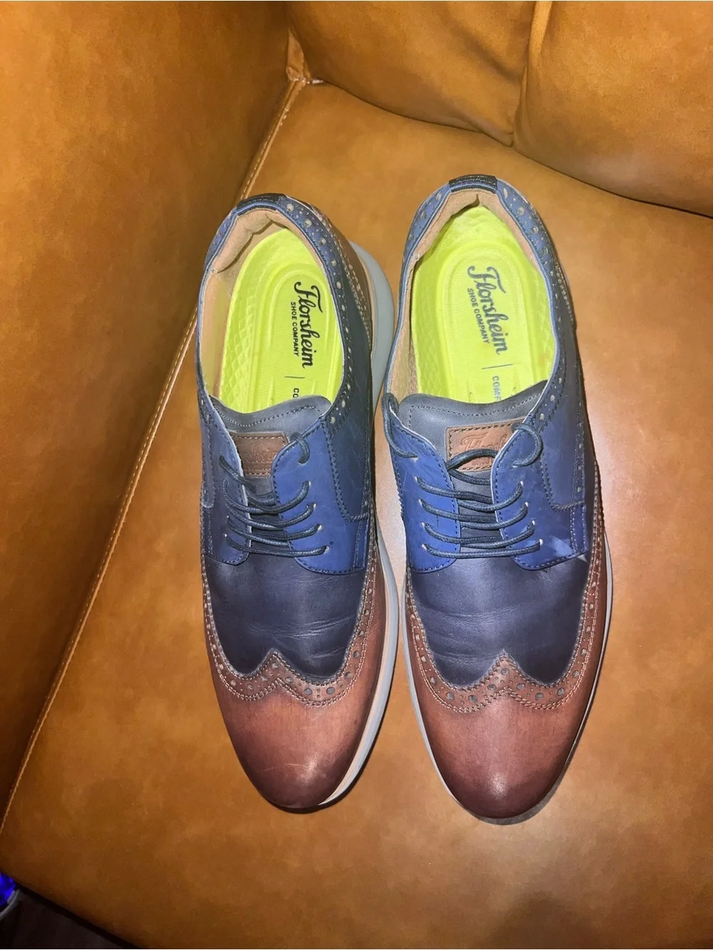 Florsheim Tan Brown & Navy Blue Colourblocked Leather Brogues men’s size 10.5W